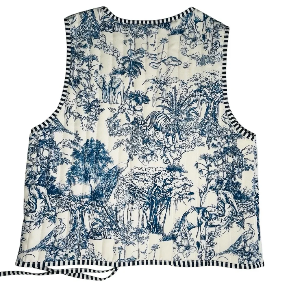 Safari Toile Quilted Vest Blue White Jungle Animals Tie Front Elephants Size L